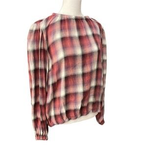 Anthro Cloth and stone red plaid mesh muslin top blouse size medium